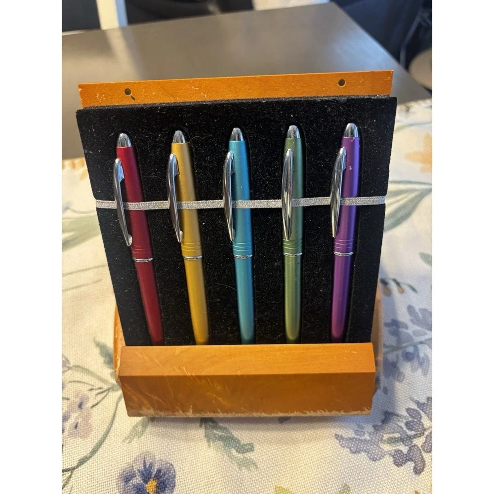 Wood Pen Display Case Holder With Five Ballpoint Pens Included.